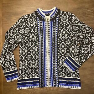 APPLESEEDS Women's Size M Fair Isle Knit Full Zip Sweater Black Blue White